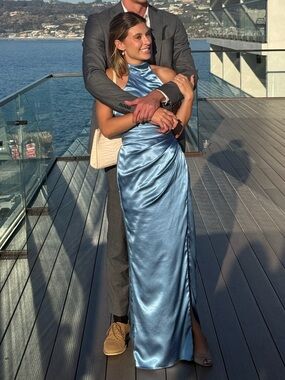 Azazie Satin Maxi Dress in Light Blue